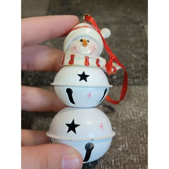 Metal Bell snowman Stars red striped ornament Xmas decor - Picture 2 of 5